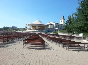 Outside seating empty before Adoration